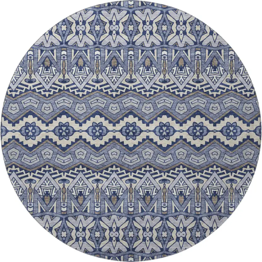 8' Denim Blue And Silver Moroccan Washable Round Rug With UV Protection Photo 4