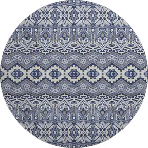 Photo of 8' Denim Blue And Silver Moroccan Washable Round Rug With UV Protection