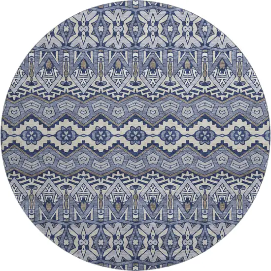 8' Denim Blue And Silver Moroccan Washable Round Rug With UV Protection Photo 1