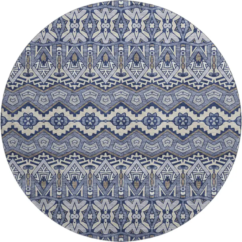 8' Denim Blue And Silver Moroccan Washable Round Rug With UV Protection Photo 1