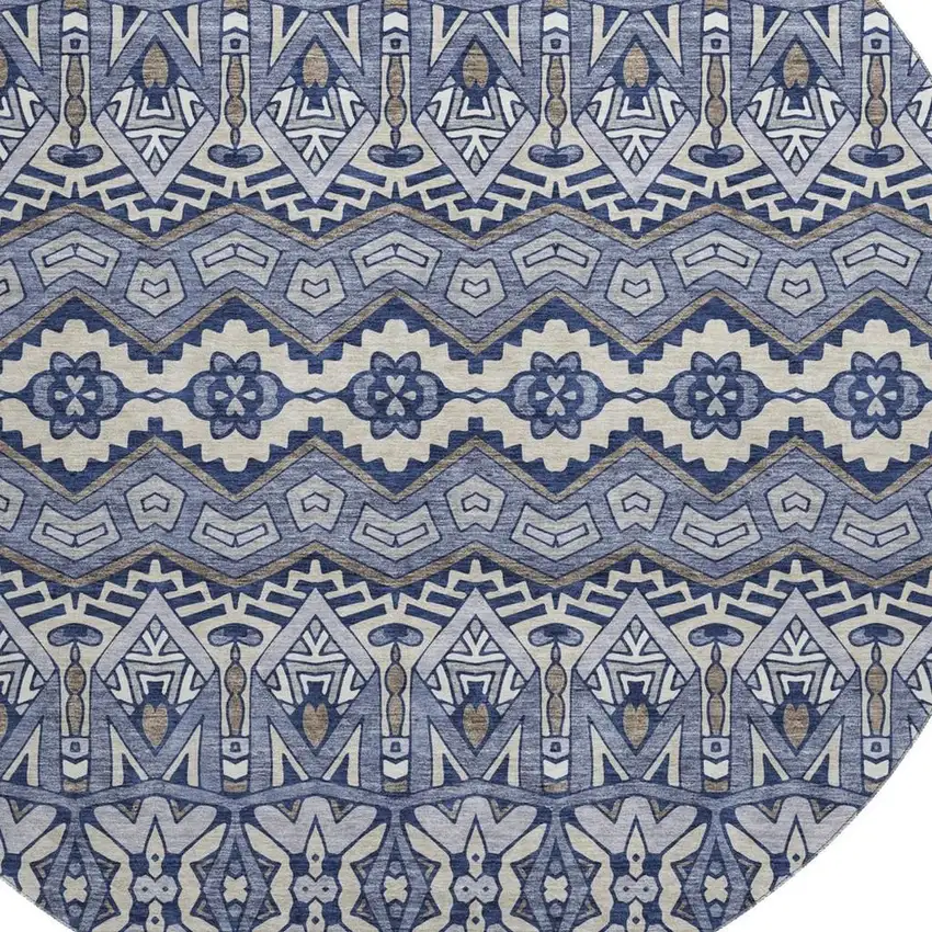 8' Denim Blue And Silver Moroccan Washable Round Rug With UV Protection Photo 3
