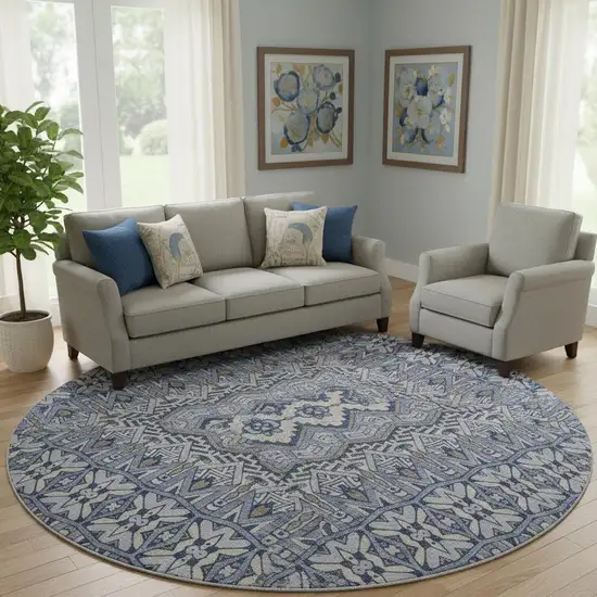 8' Denim Blue And Silver Moroccan Washable Round Rug With UV Protection Photo 1