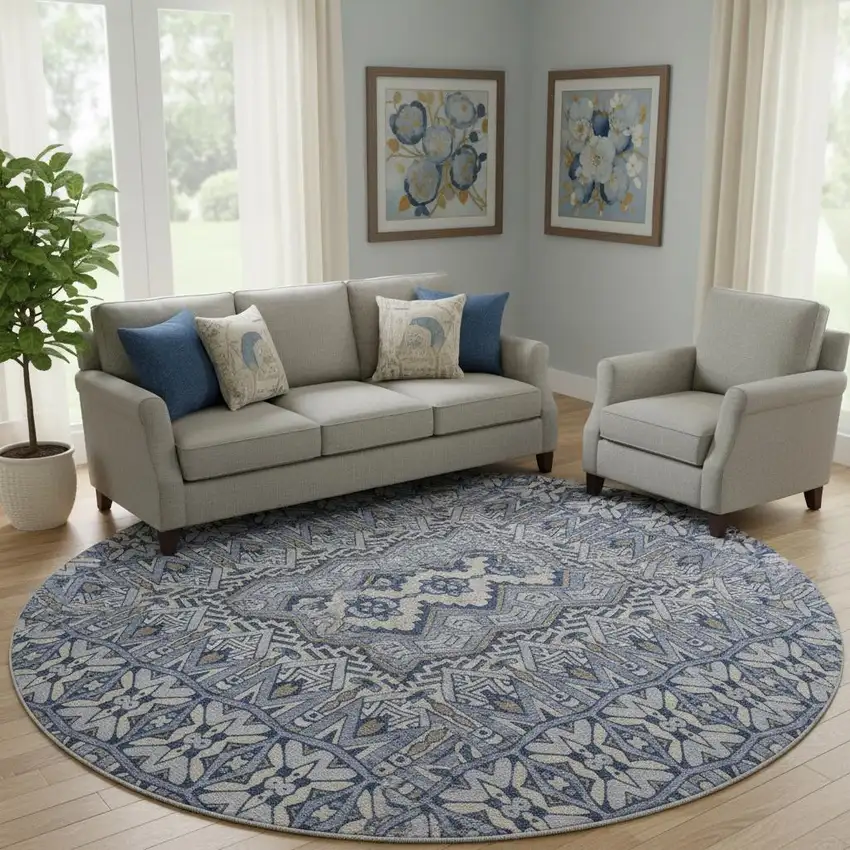 8' Denim Blue And Silver Moroccan Washable Round Rug With UV Protection Photo 1