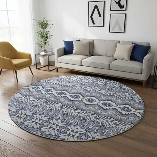 8' Denim Blue And Silver Moroccan Washable Round Rug With UV Protection Photo 2