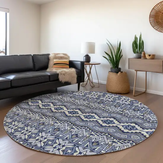 8' Denim Blue And Silver Moroccan Washable Round Rug With UV Protection Photo 5