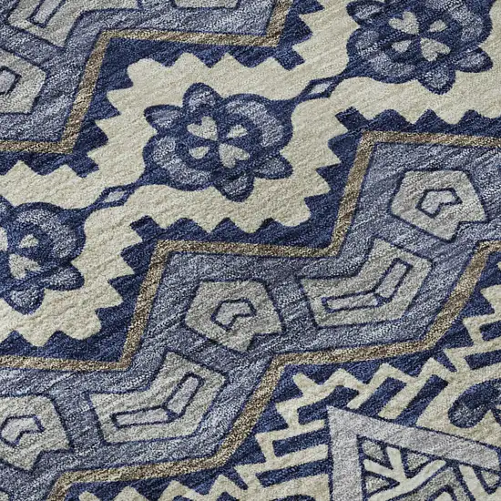 8' Denim Blue And Silver Moroccan Washable Round Rug With UV Protection Photo 9