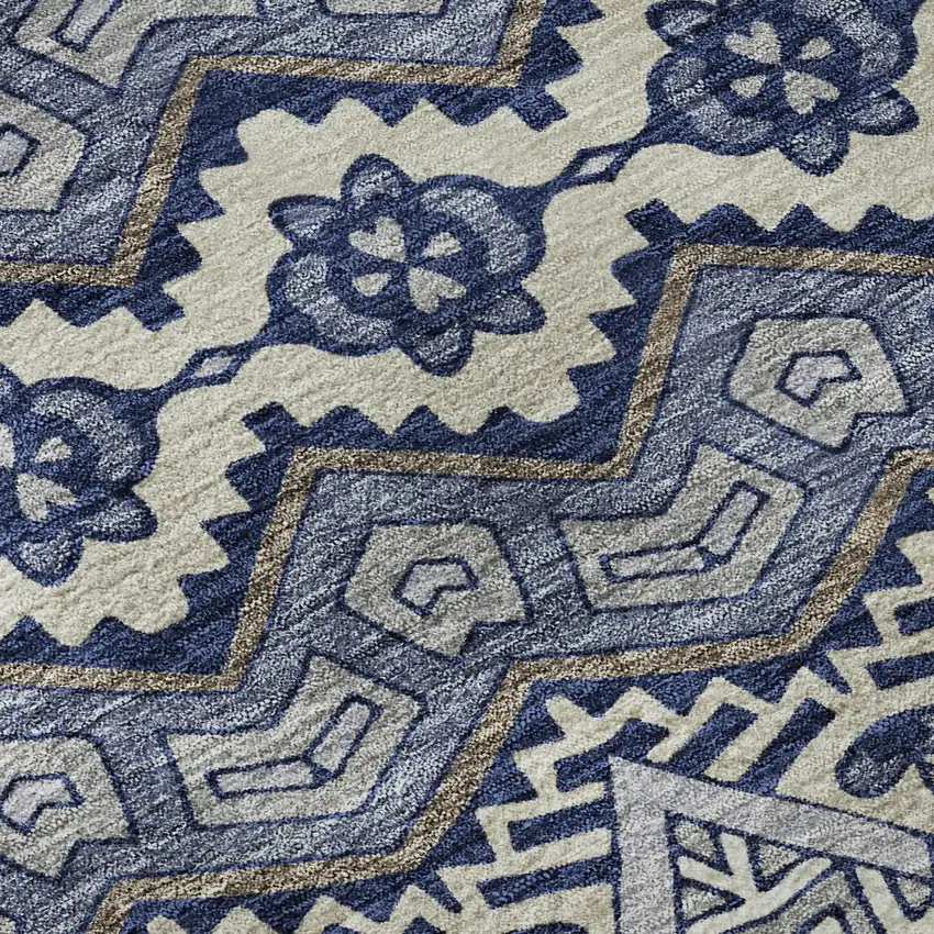 8' Denim Blue And Silver Moroccan Washable Round Rug With UV Protection Photo 9