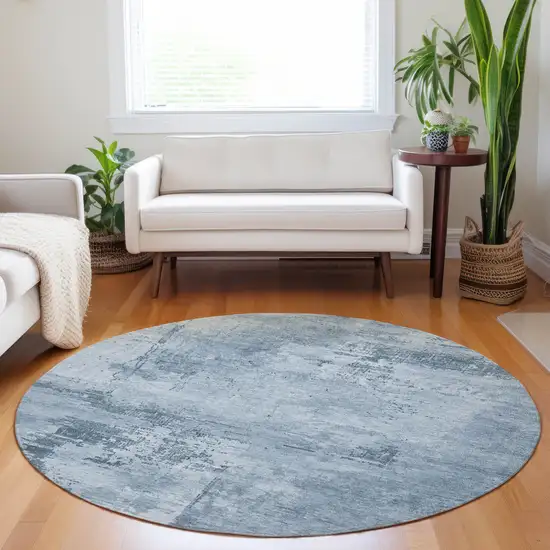 8' Denim Blue And Silver Round Abstract Washable Indoor Outdoor Area Rug Photo 8