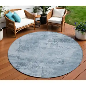 Photo of 8' Denim Blue And Silver Round Abstract Washable Indoor Outdoor Area Rug