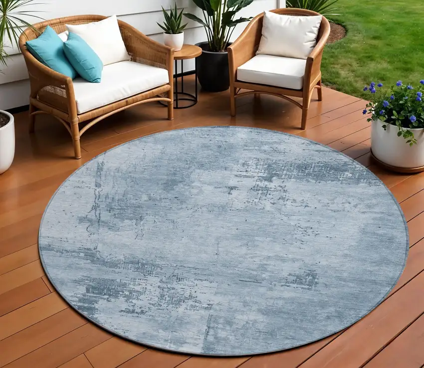 8' Denim Blue And Silver Round Abstract Washable Indoor Outdoor Area Rug Photo 1
