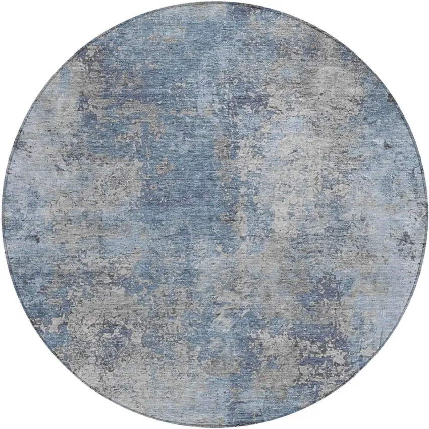 8' Denim Blue And Silver Round Abstract Washable Indoor Outdoor Area Rug Photo 1