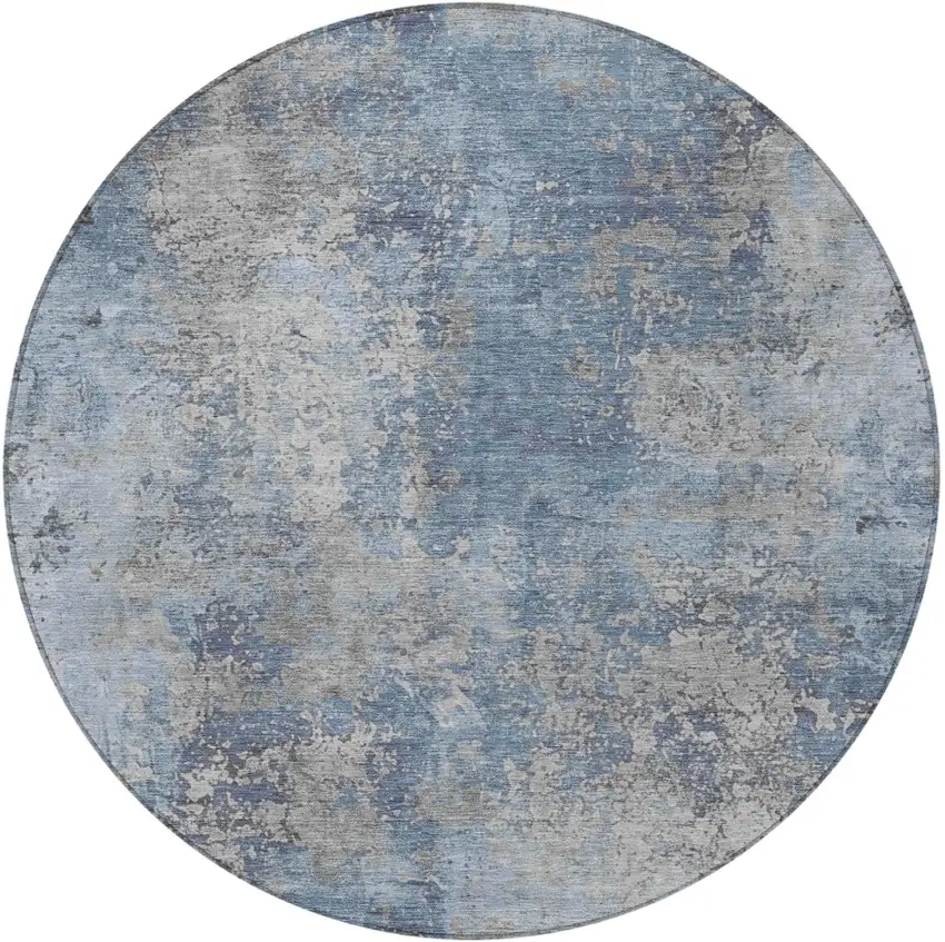 8' Denim Blue And Silver Round Abstract Washable Indoor Outdoor Area Rug Photo 3