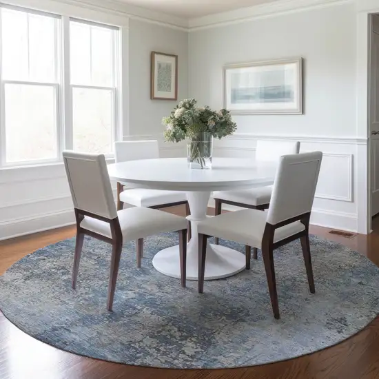 8' Denim Blue And Silver Round Abstract Washable Indoor Outdoor Area Rug Photo 6