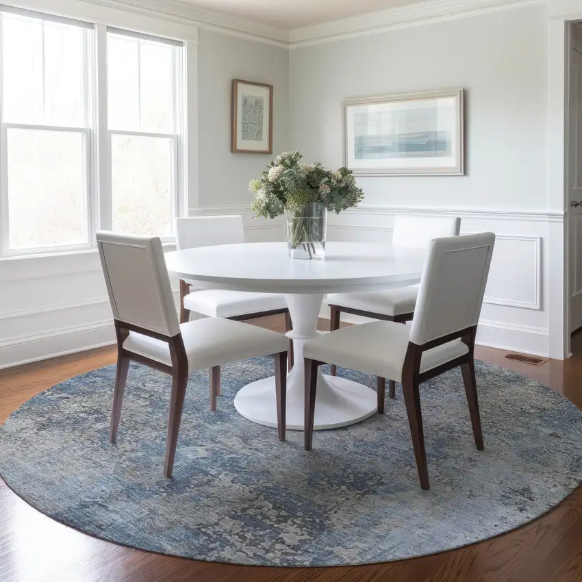 8' Denim Blue And Silver Round Abstract Washable Indoor Outdoor Area Rug Photo 6