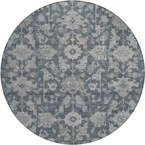Photo of 8' Denim Blue And Silver Round Floral Washable Indoor Outdoor Area Rug