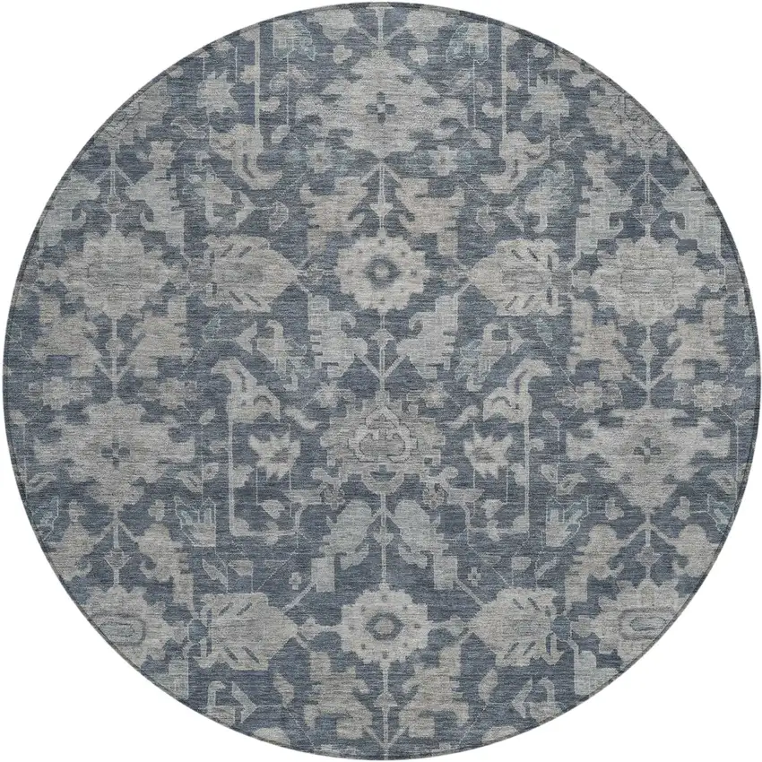 8' Denim Blue And Silver Round Floral Washable Indoor Outdoor Area Rug Photo 1