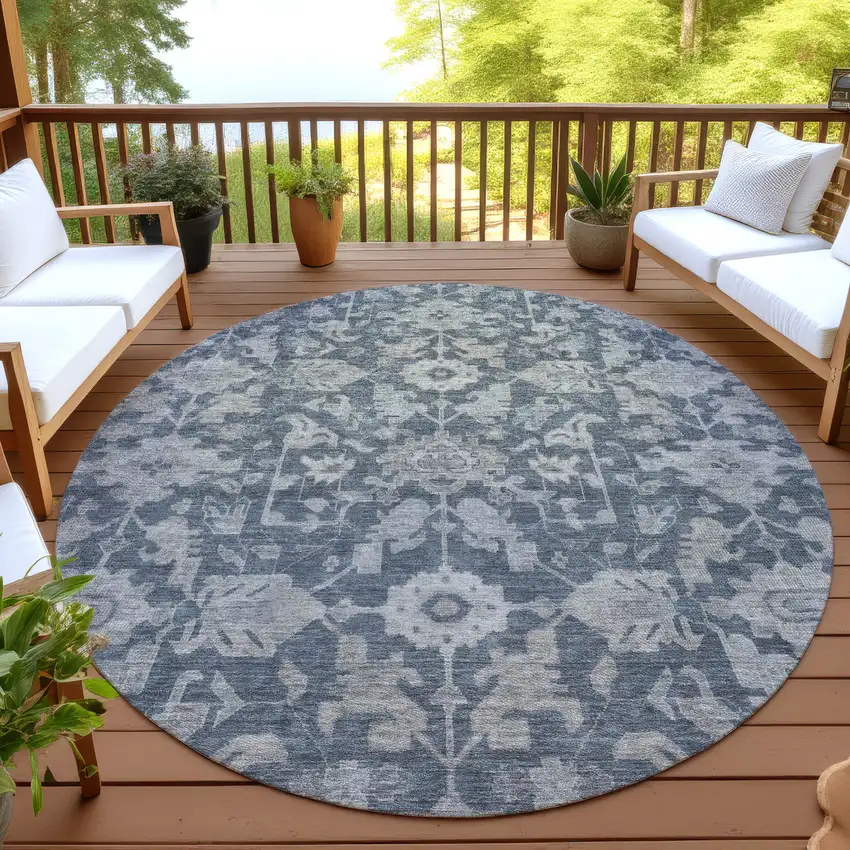 8' Denim Blue And Silver Round Floral Washable Indoor Outdoor Area Rug Photo 4