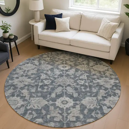 8' Denim Blue And Silver Round Floral Washable Indoor Outdoor Area Rug Photo 5