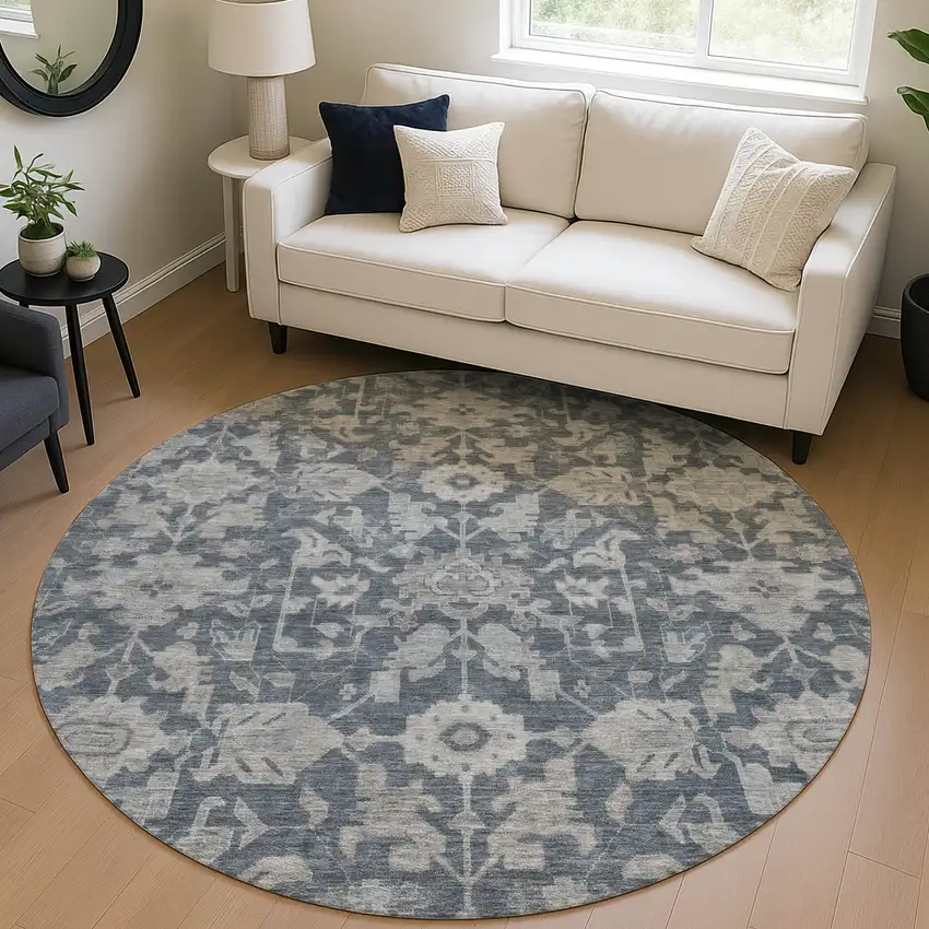 8' Denim Blue And Silver Round Floral Washable Indoor Outdoor Area Rug Photo 5