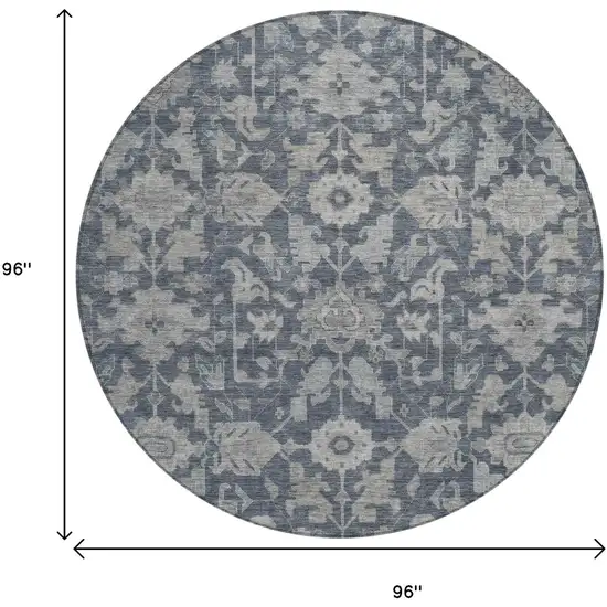 8' Denim Blue And Silver Round Floral Washable Indoor Outdoor Area Rug Photo 3