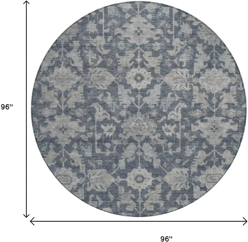 8' Denim Blue And Silver Round Floral Washable Indoor Outdoor Area Rug Photo 3