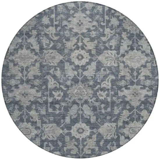 8' Denim Blue And Silver Round Floral Washable Indoor Outdoor Area Rug Photo 2