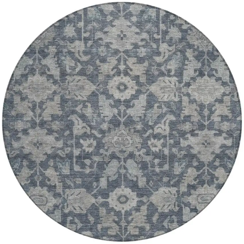 8' Denim Blue And Silver Round Floral Washable Indoor Outdoor Area Rug Photo 2