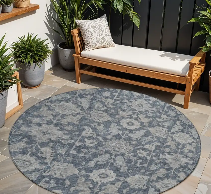 8' Denim Blue And Silver Round Floral Washable Indoor Outdoor Area Rug Photo 1