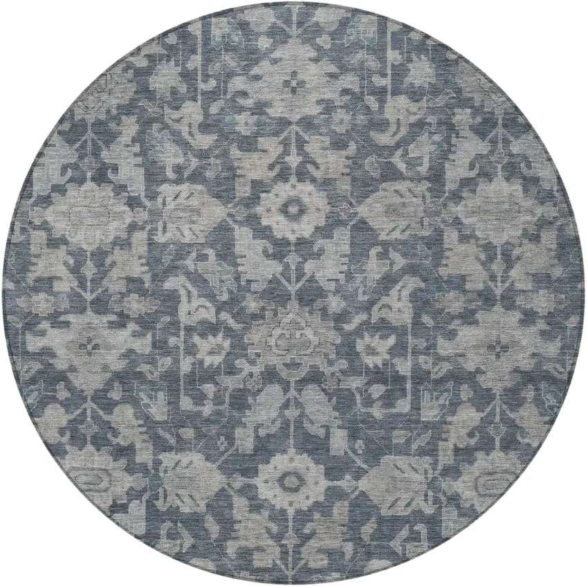 8' Denim Blue And Silver Round Floral Washable Indoor Outdoor Area Rug Photo 3