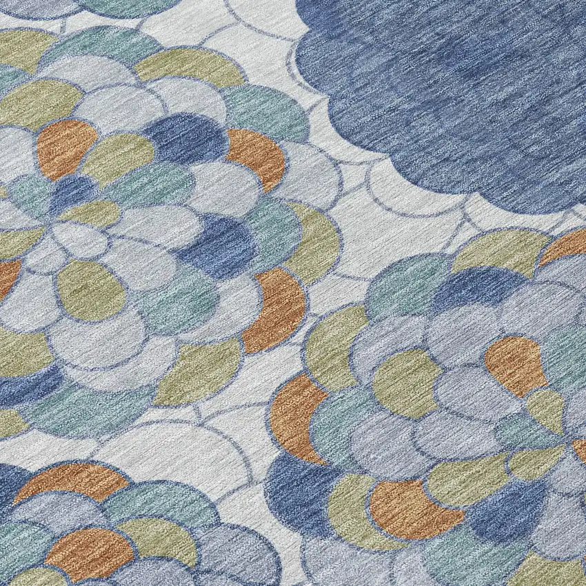 8' Denim Blue And Silver Round Floral Washable Indoor Outdoor Area Rug Photo 7