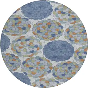 Photo of 8' Denim Blue And Silver Round Floral Washable Indoor Outdoor Area Rug