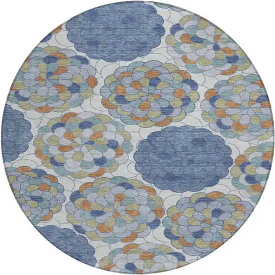 8' Denim Blue And Silver Round Floral Washable Indoor Outdoor Area Rug Photo 1