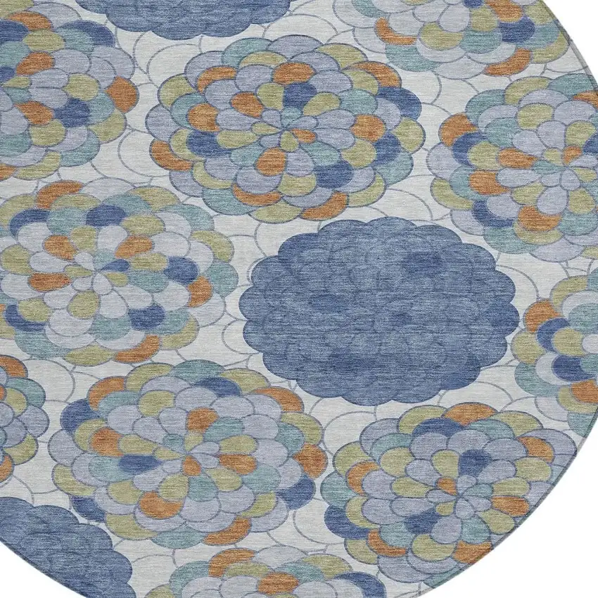 8' Denim Blue And Silver Round Floral Washable Indoor Outdoor Area Rug Photo 2