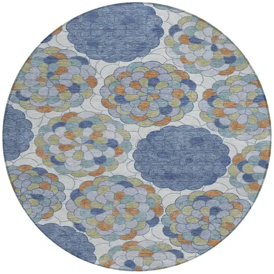 8' Denim Blue And Silver Round Floral Washable Indoor Outdoor Area Rug Photo 3