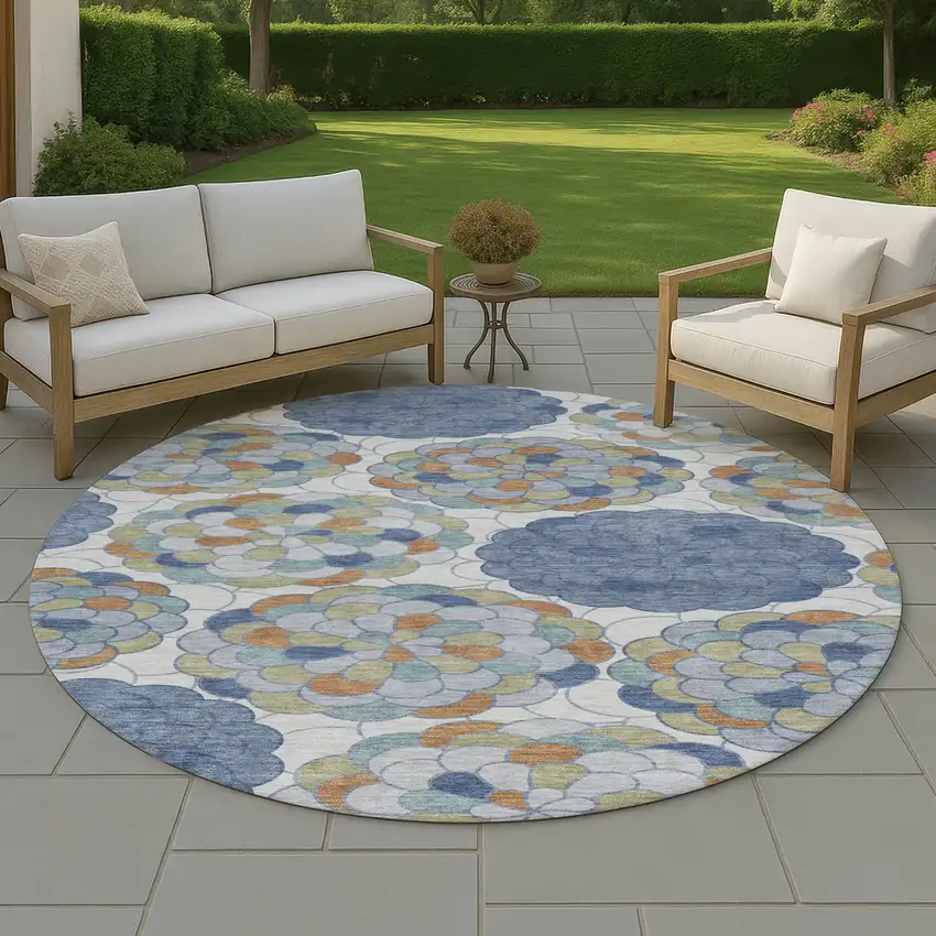 8' Denim Blue And Silver Round Floral Washable Indoor Outdoor Area Rug Photo 4