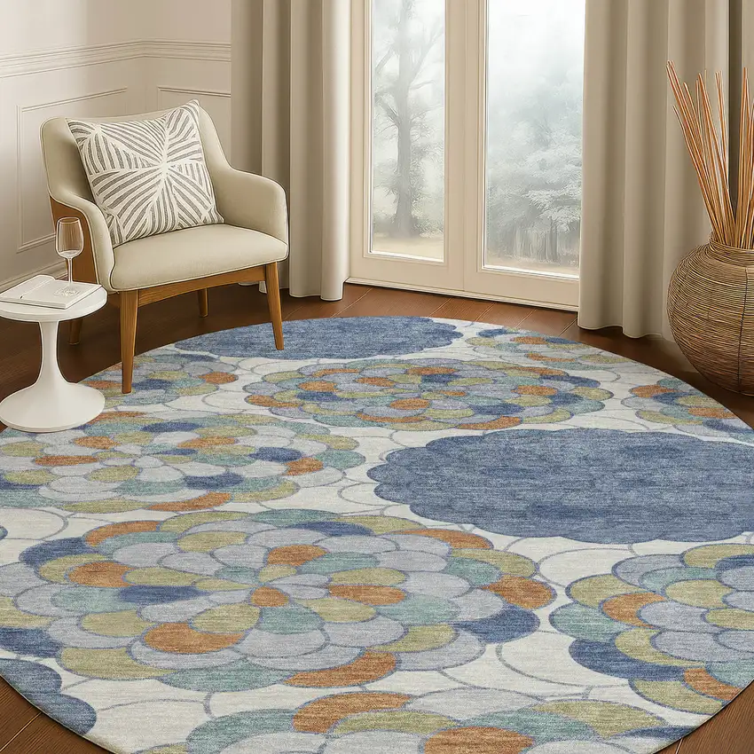 8' Denim Blue And Silver Round Floral Washable Indoor Outdoor Area Rug Photo 5