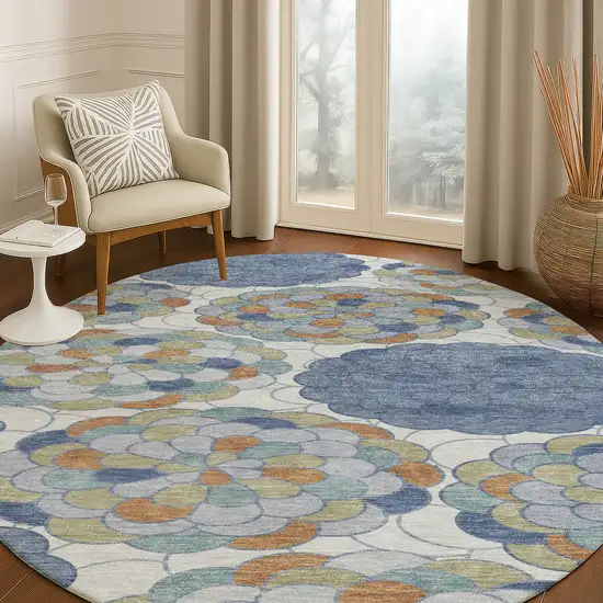 8' Denim Blue And Silver Round Floral Washable Indoor Outdoor Area Rug Photo 5