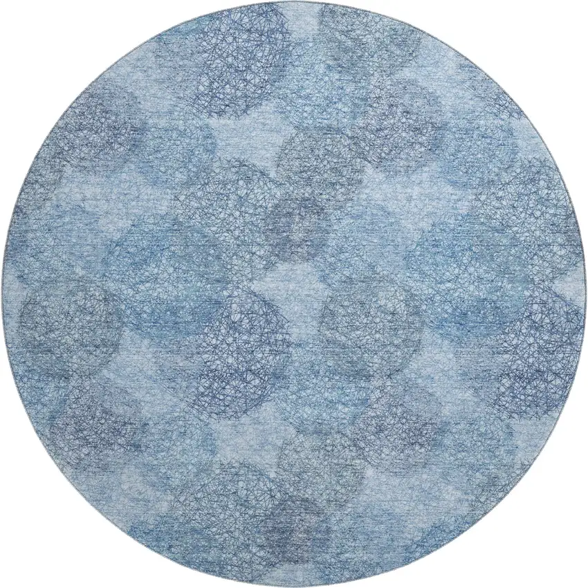8' Denim Blue And Sky Blue Abstract Washable Round Rug With UV Protection Photo 1
