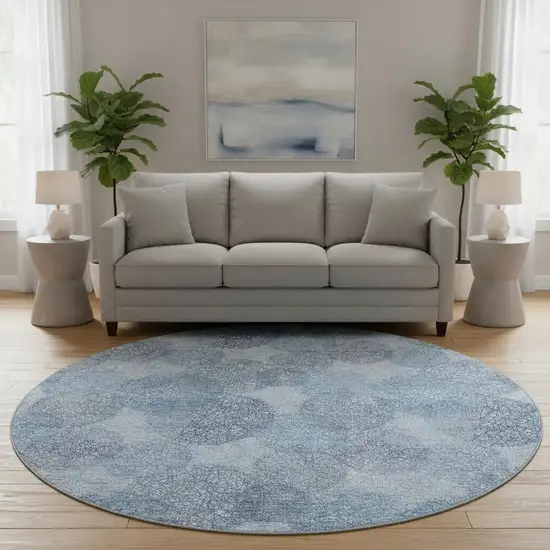 8' Denim Blue And Sky Blue Abstract Washable Round Rug With UV Protection Photo 2