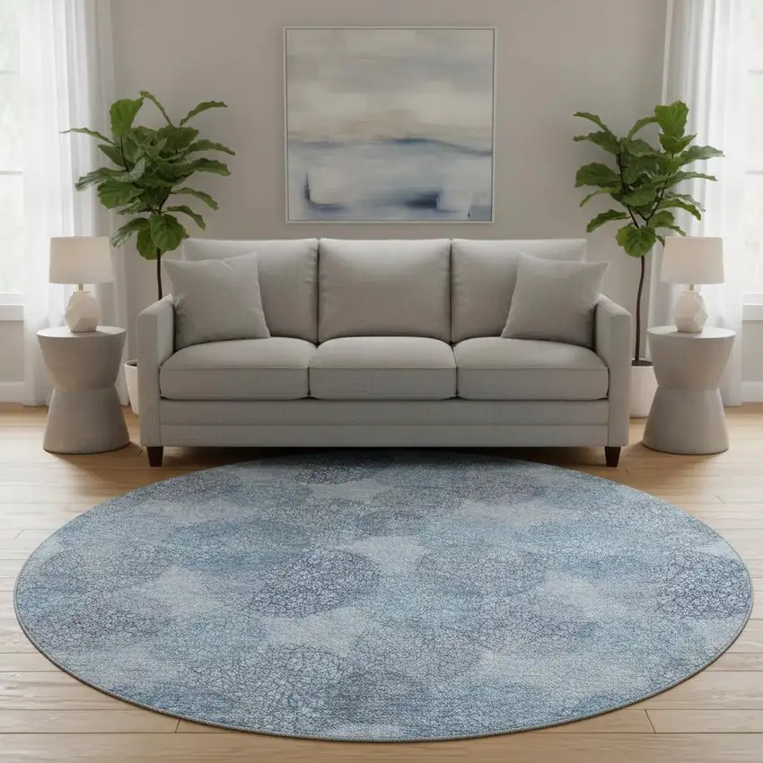 8' Denim Blue And Sky Blue Abstract Washable Round Rug With UV Protection Photo 2