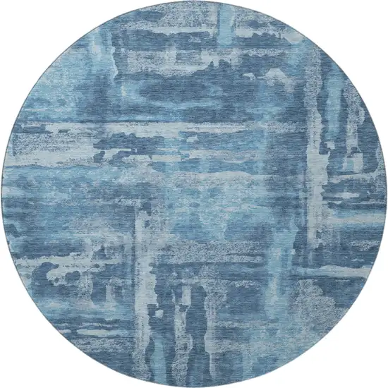 8' Denim Blue And Sky Blue Abstract Washable Round Rug With UV Protection Photo 4