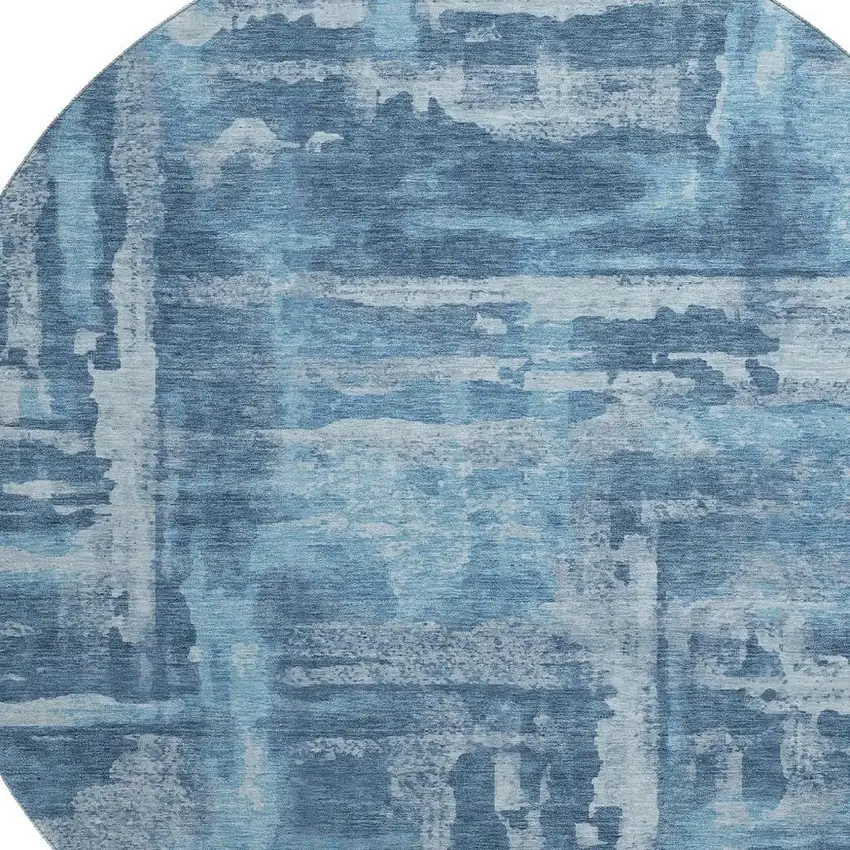 8' Denim Blue And Sky Blue Abstract Washable Round Rug With UV Protection Photo 3