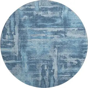 Photo of 8' Denim Blue And Sky Blue Abstract Washable Round Rug With UV Protection