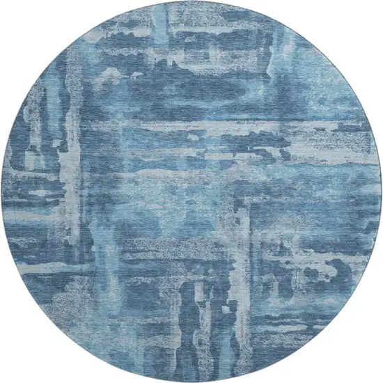 8' Denim Blue And Sky Blue Abstract Washable Round Rug With UV Protection Photo 1