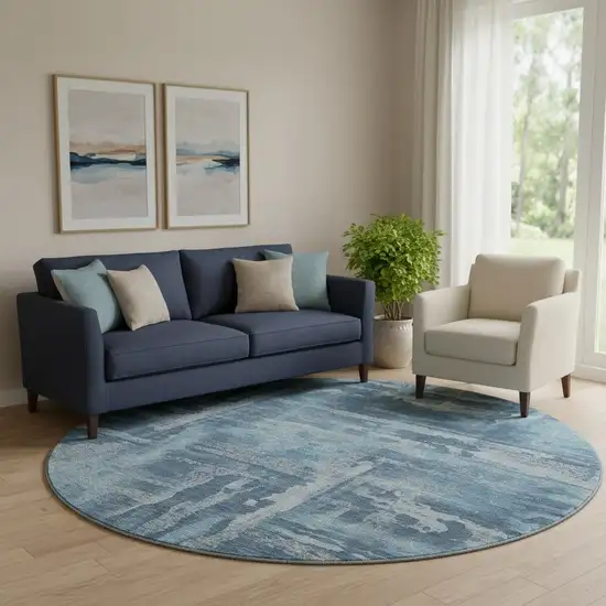 8' Denim Blue And Sky Blue Abstract Washable Round Rug With UV Protection Photo 2
