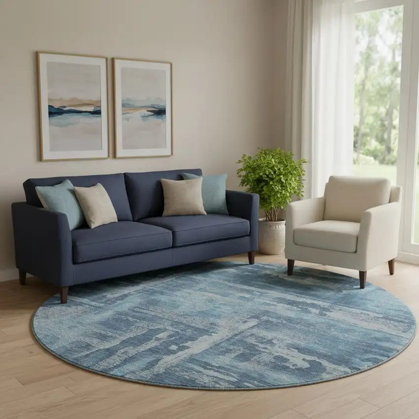 8' Denim Blue And Sky Blue Abstract Washable Round Rug With UV Protection Photo 2