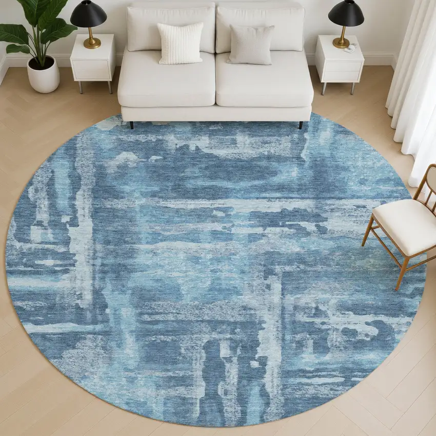8' Denim Blue And Sky Blue Abstract Washable Round Rug With UV Protection Photo 5
