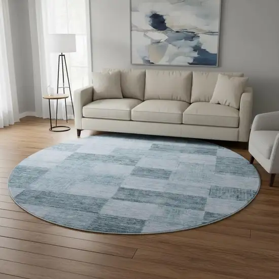 8' Denim Blue And Sky Blue Geometric Washable Round Rug With UV Protection Photo 2