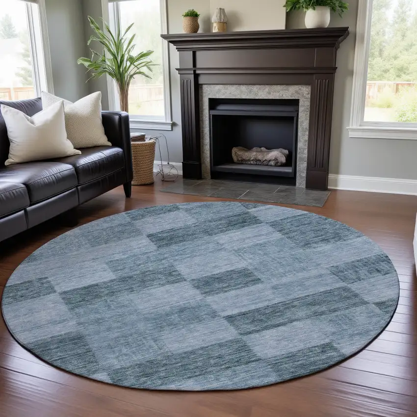 8' Denim Blue And Sky Blue Geometric Washable Round Rug With UV Protection Photo 4