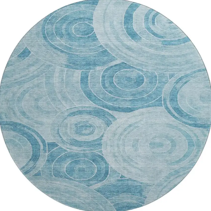 8' Denim Blue And Sky Blue Geometric Washable Round Rug With UV Protection Photo 3